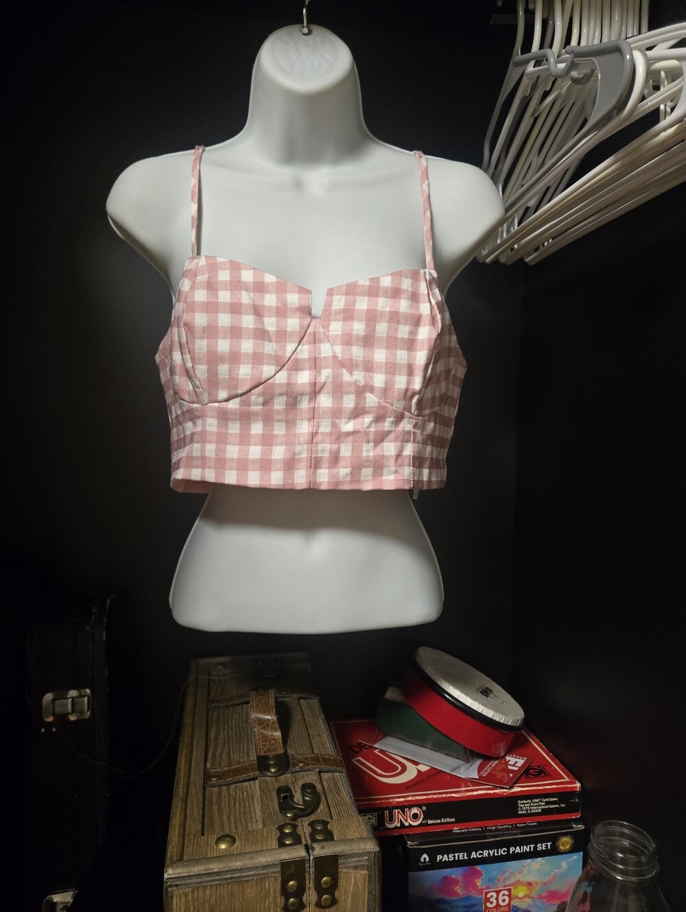 ASOS Pink White Gingham Check Bustier Crop Top Notched Sweetheart Size US 10